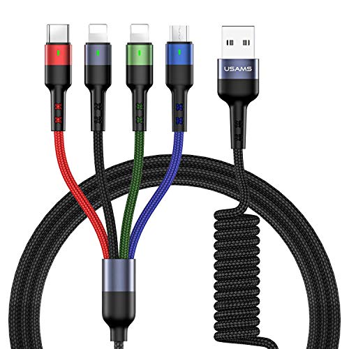 Usams - Cable de carga múltiple para iP y micro USB y tipo C 3 en 1 (1,2 m, nailon, trenzado, 3 A, carga rápida)