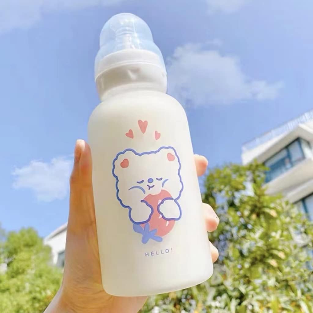 JHTPSLR Strawberry Bear Glass Bottle with Nipple Sippy 11oz Kawaii Water Bottle for Adults School Sports Office Cute Frosted Borosilicate Drinking Bottle Portable Jug (C)