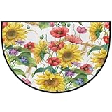 Pardick Flower Floral Half Round Door Mat, Sunflower Poppy Barley Non-Slip Half Circle Area Rug Door