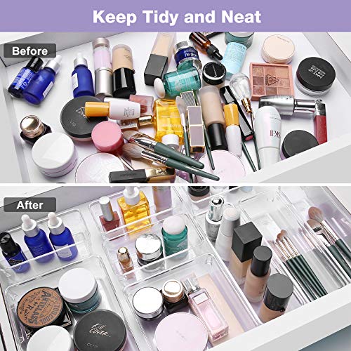 Puricon 9 Pcs Desk Drawer Organizers Trays Set Clear Plastic Storage Bins Bathroom Drawer Tray Dividers Vanity Trays Organizer for Bedroom Dresser Makeup Kitchen Utensil Office - Thumbnail 3