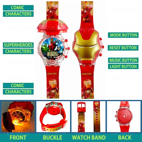 Image of Brishti 3D Superhero Character Multicolored Glowing Light and Musical Digital Girl's Wrist Watch | Unique Cute Cartoon Character on Strap | Soft Silicone Strap | Suitable for Age 3-12 Year Kids