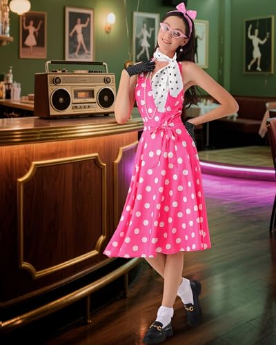 Women's 1950s Polka Dress Set Audrey Vintage-inspired Cocktail Halter Swing Dress with Accessories 10PCS4