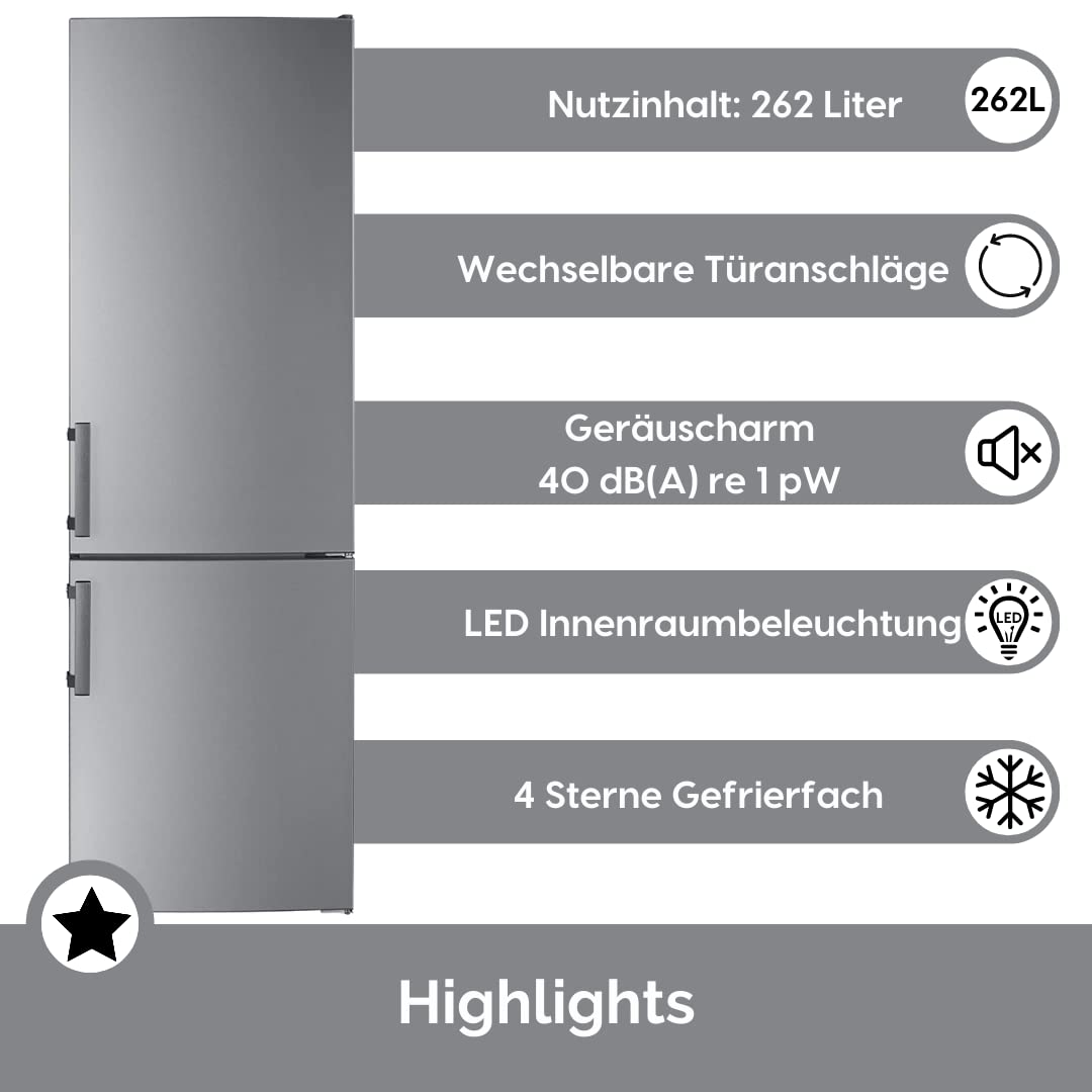 WOLKENSTEIN KGK280D Stand Kühl-Gefrierkombination | Inox Design | 180x55cm | 191L Kühlen+71L Gefrieren | Leiser Betrieb 40dB | Energieverbrauch 168kWh/Jahr | Silber