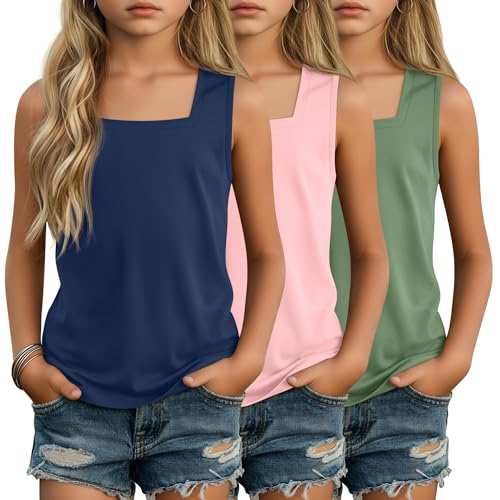 Image of 3 Pack Girls Square Neck Tank Tops | Basic, Sleeveless T-Shirts, Casual Summer Tanks, Kids Undershirts, School, Size 5-14 Years, Comfy, Elasticity