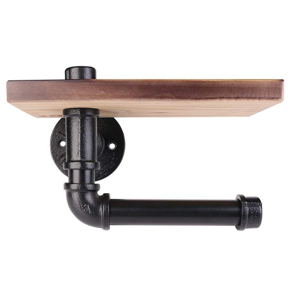 Candora Roll Holder Industrial Iron Pipe Toilet Paper roll Holder Towel Dispenser Storage Rustic Style Tissue Hanger Black Malleable Metal Iron & Brown Wood Wall Mounted Bathroom Paper Shelf