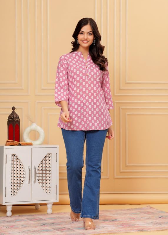 Image of Women's Cotton Printed Kurta Top | 3 /4 Sleeve Straight Kurti Casual Outings