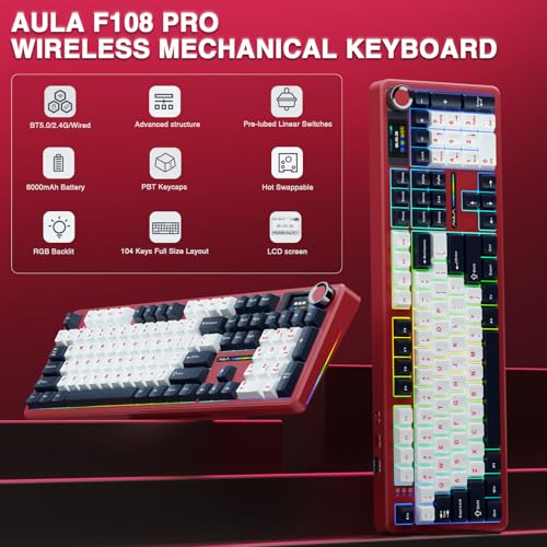 Image of Aula F108 PRO - Wireless Mechanical Keyboard with Screen&Knob,Hot Swappable Gaming Keyboard with 8000mAh Battery,Pre-lubed Switches,RGB Backlit,Creamy Sounding Computer Keyboards,104 Keys (Renewed)