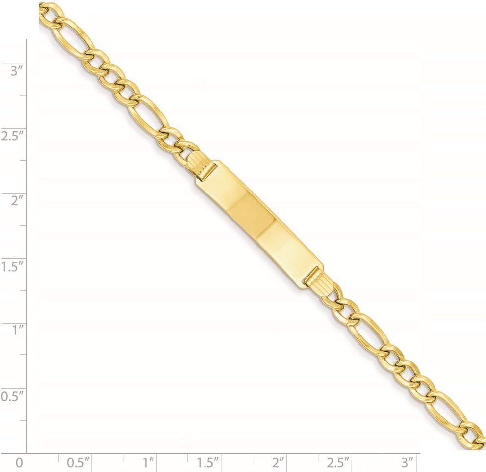 Polished Engravable Personalized Custom 14K Yellow Gold Semi-solid Figaro ID Bracelet For Men or Women Length 7 inches Width 6.5 mm