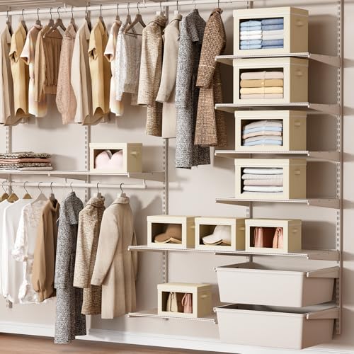 Image of Homsorout Storage Bins with Lids - Small Fabric Organizers with Window, Collapsible Storage Bins for Clothes, Decorative Closet Organizers for Towels, Tshirt, 3 Pack, Beige