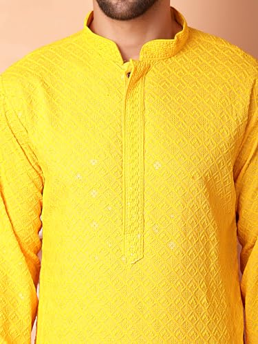 Image of Jompers Men's Yellow Embroidered and Sequence Kurta with Pyjama (Yellow, S)
