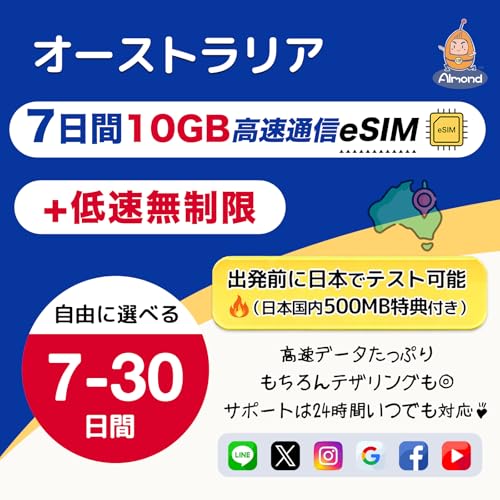 �yAlmond eSIM�z �I�[�X�g�����A 7����10GB�����f�[�^+�ᑬ�f�[�^������ 5G 4G-LTE �����ʐM�b�������s�E�������p�� ����SIM�s�v Australia �v���y�C�hSIM�b�o���O���{�e�X�g�peSIM500MB 24���ԑ�����T�|�[�g(