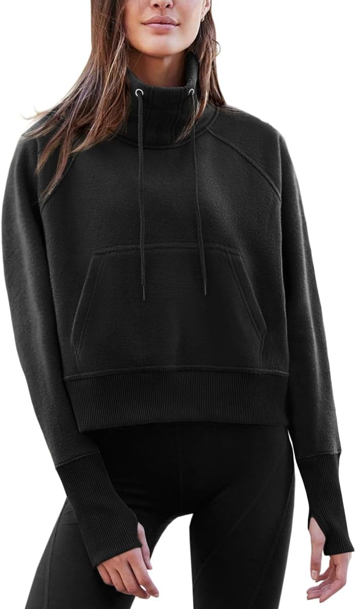 Fisoew Fleece Sweatshirts for Women Sherpa Long Sleeve Turtleneck Winter Pullover Tops Thumb Hole - Image 2