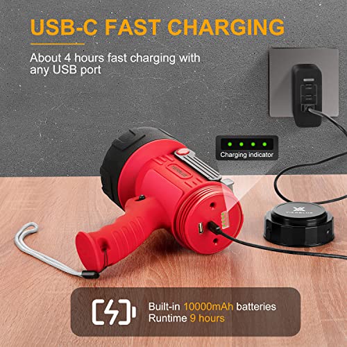 Yierblue Rechargeable Spotlight Flashlight With 150000 Lumen Led, Ip67 Waterproof Long Running Spot Light Searchlight, Impact Resistant Handheld Spotlight With Foldable Stand And Detachable Red Lens #TOP5