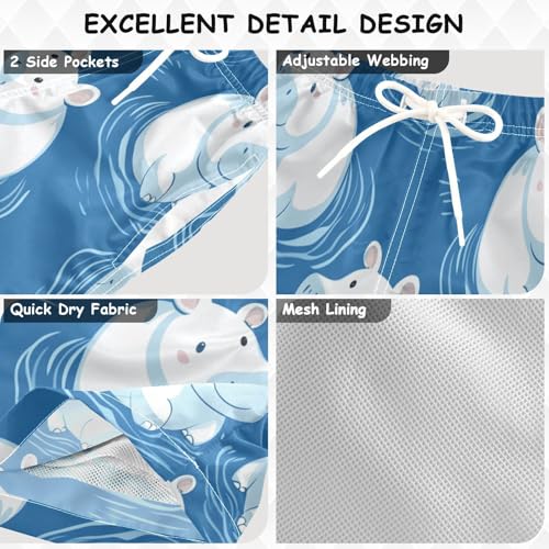Boys Beach Board Shorts Hippo Blue Cartoon Animal Swim Trunk Teen Swimwear 8-16Y3
