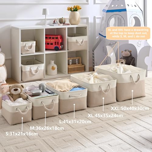 Mangata Aufbewahrungsbox Stoff,Klein Waschbare Aufbewahrungskorb, Korbe in Würfel für Schrank Regal und Kleidung(Hellbeige/Weiß, S, 1 Set)