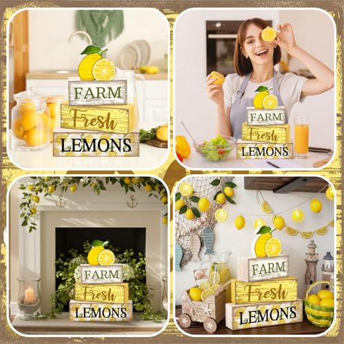 Image of Moucuny 4 Pcs Summer Lemon Decor Summer Table Decorations Farm Fresh Lemons Wooden Stacked Block Decor Rustic Summertime Tiered Tray Decoration Fruits Centerpiece for Home Kitchen Dining Room Mantel