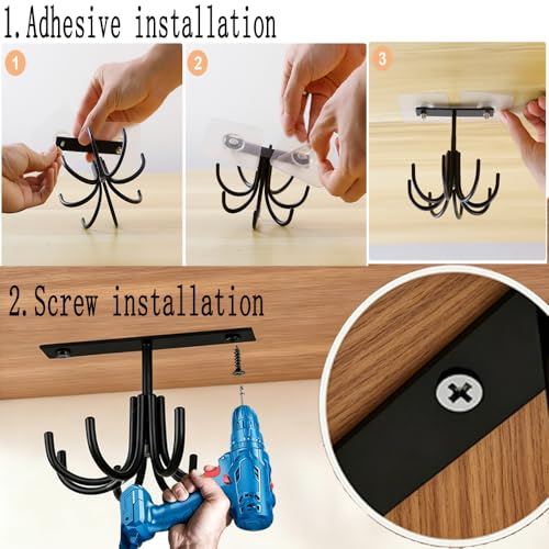 Image of Metal Under Cabinet Kitchen Utensil Hooks,360 Rotating Kitchen Utensil Rack with 8 Hooks,Drilling Free Adhesive Utensils Hanging Rack for Tools /Towel /Knife (Black)