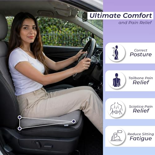 Image of Billebon Ultimate Car Wedge Seat Cushion | Premium Memory Foam Cushion with Coccyx Tailbone Cutout | Helps Relieve Hip| Tailbone & Lower Back Pain | Supports Weight Up to 100 kg - Grey (Pack of 2)