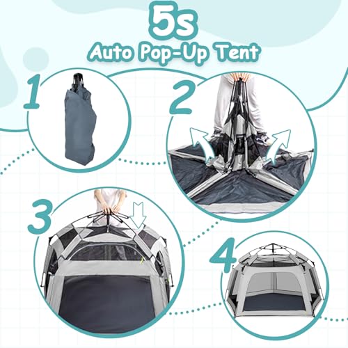 Funsland Spielzelt für Kinder, Pop Up Strandmuschel Baby Strandzelt Mädchen Spielhaus Indoor & Outdoor, Campingzelt Automatisches, 3-4 Personen, Abnehmbare obere Sonnenschutztücher, Grau