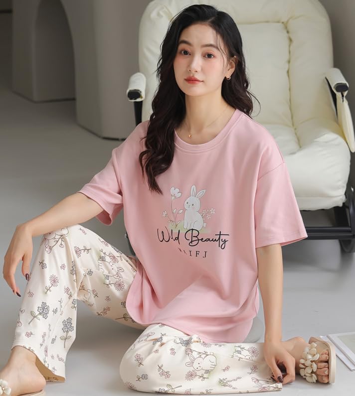 Image of GLASGO Women's Cotton Pajama Set with Top & Pants|| Korean Night Wear|| Loose Fit Home Wear || Lightweight Printed Set || Soft & Comfy Sleepwear for Girls & Women || LNS-4-$