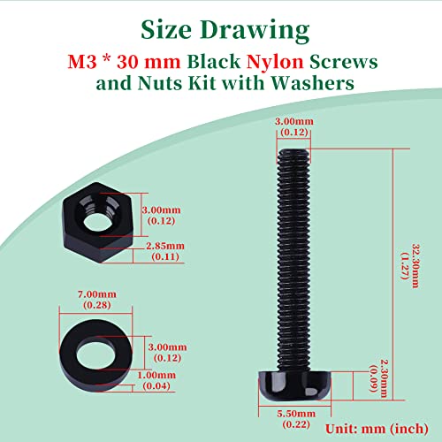 Pzsmocn 300 Pieces/100 Sets M3*30 mm Plastic Black Nylon Cross Round Head Screw Hexagonal Nut Combination Kit - Image 4