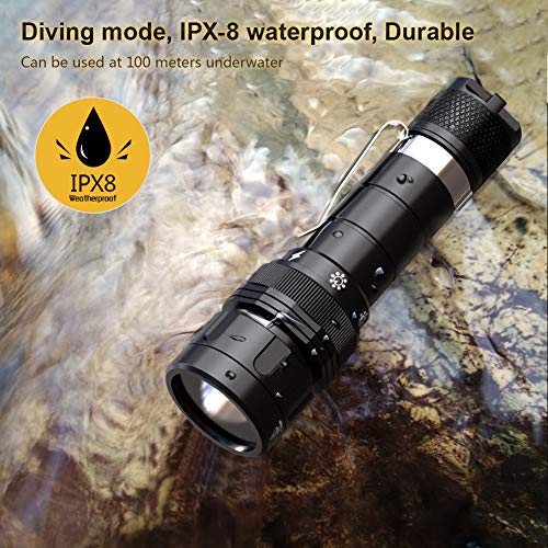 VOLADOR DF10 Dive Light, 1080Lumens Scuba Diving Flashlight, Rechargeable Underwater Flashlight Submarine Torch Light with 18650 Battery and Charger - Thumbnail 4