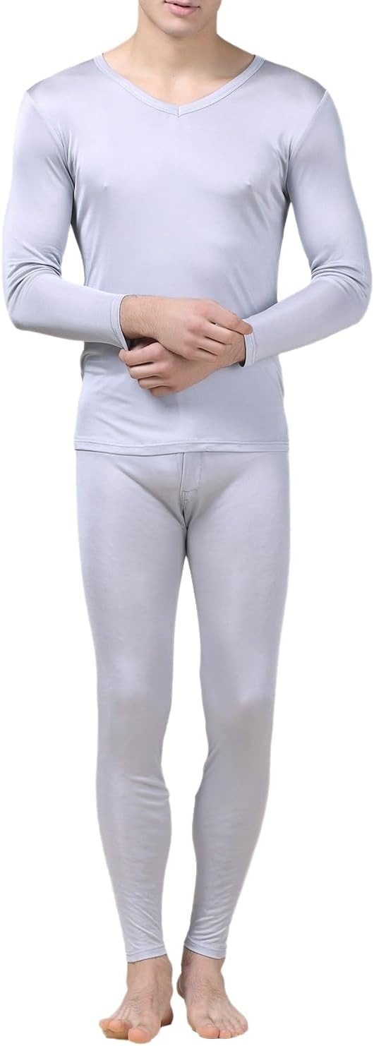 Men Silk Long Johns Thermal Underwear V Neck Mulberry Silk Long Johns Base Layer Top & Bottom Set