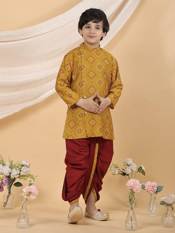 Image of superminis Boy's Golden Foil Printed Side Open Cotton Kurta, Round Collar, Full Sleeves Ethnic Wear Dhoti Kurta Set