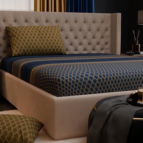 Image of Stoa Paris 100% Bamboo Cotton King Size Fitted Bedsheet with 2 Pillow Covers, 200TC Printed Bed Set, Breathable, All-Season Comfort, Home Decor, Imperial Grandeur - Indigo Arcadia (182cmx198cm+30cm)