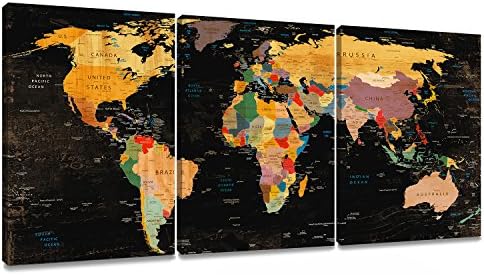 Decor MI World Map Wall Art on Canvas Black Canvas Prints Paintings 3 Pieces Canvas Map of The World Children Education Ready to Hang Map Decor Wall Artwork for Living Room Bedroom Bathroom Home