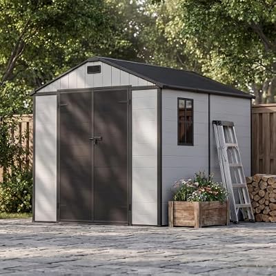Patiowell 8x8 FT Resin Outdoor Storage Shed with Floor, Large Plastic Clearance Sheds with Lockable Door, Garden Tool Shed with Window for Backyard, Patio Storage, Light Gray