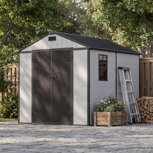 Image of Patiowell 8x8 FT Resin Outdoor Storage Shed with Floor, Large Plastic Clearance Sheds with Lockable Door, Garden Tool Shed with Window for Backyard, Patio Storage, Light Gray
