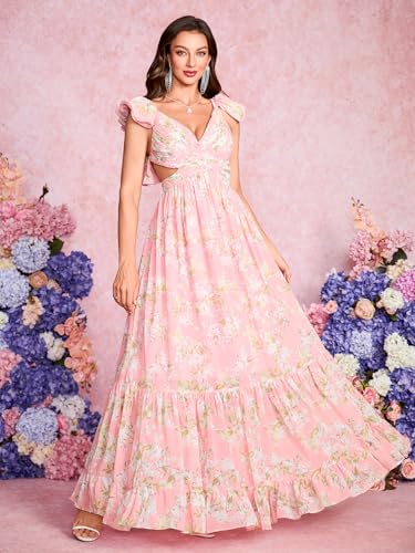 Image of Women's Summer Floral Print Straps Sleeveless V Neck Criss Cross Backless Chiffon Beach Boho Party Long Maxi Dress