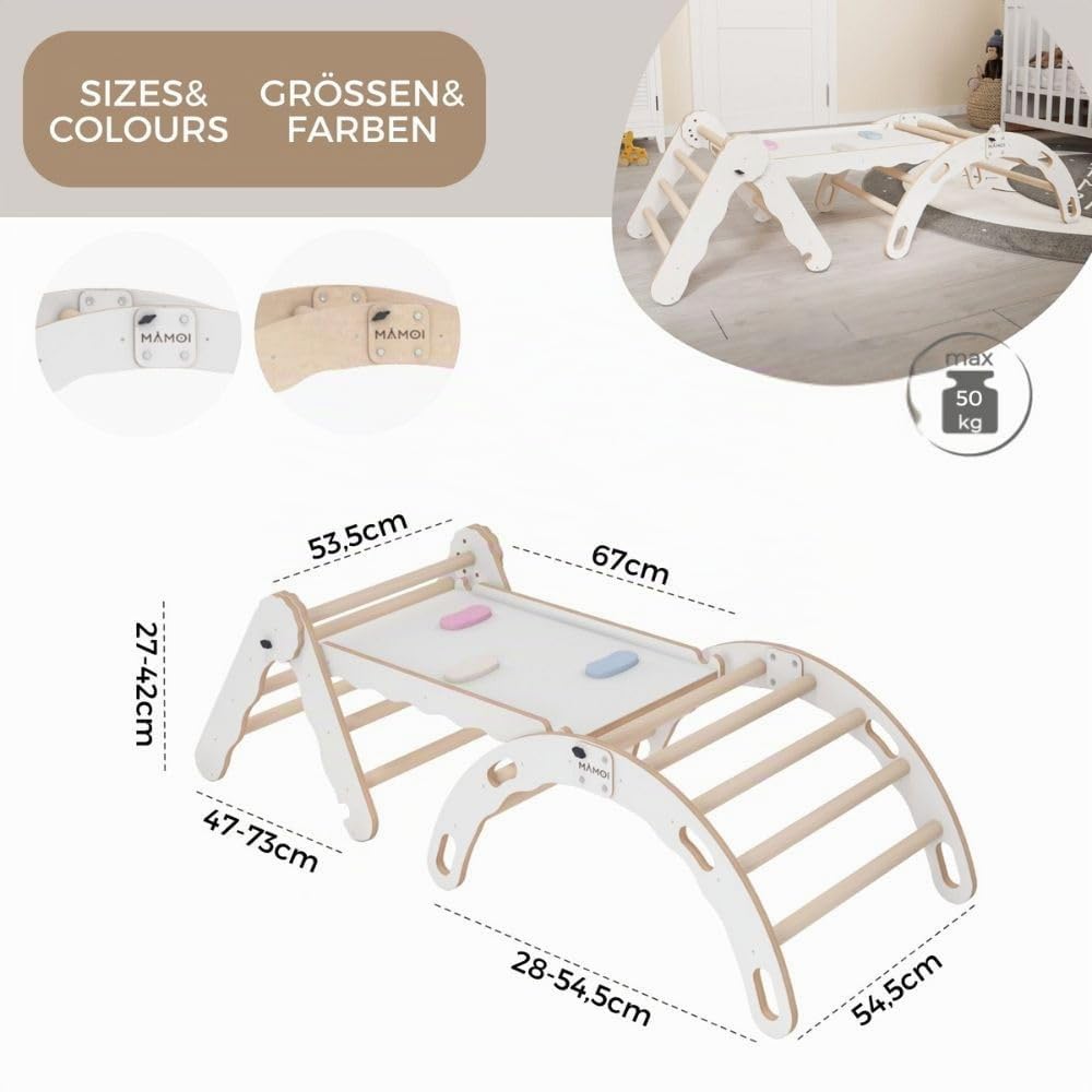 MAMOI® Set Klettergerüst Indoor, Kletterdreieck mit rutsche aus Holz, Kletterbogen, Klettergerüst mit Rutschbrett, Holzbogen für Spielplatz, Montessori