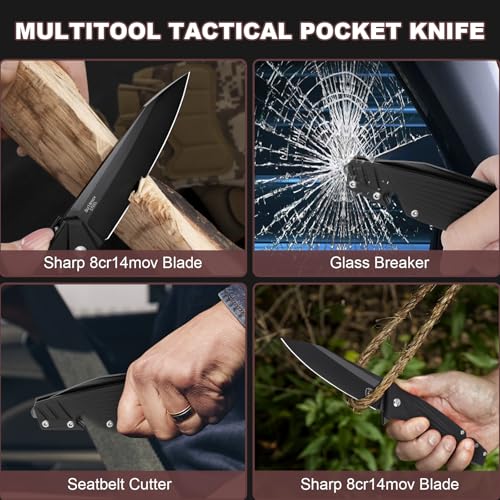Image of AUBEY Pocket Knife, 8Cr14Mov Steel Blade 3.54 inch, Multitool Folding Knife HYL | Glass Breaker, Seat Belt Cutter, Aluminum Handle, Clip, Gift for EDC, Outdoor, Survival, Hiking, Outdoor Use & Road Trips