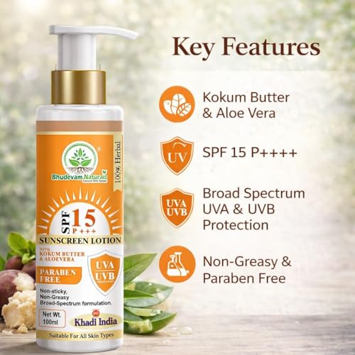 Image of Khadi SPF 15 Sunscreen Lotion with Kokum Butter & Aloevera | Daily Use Sun Protection Cream | Prevents Sun Damage & Dryness - 100ML