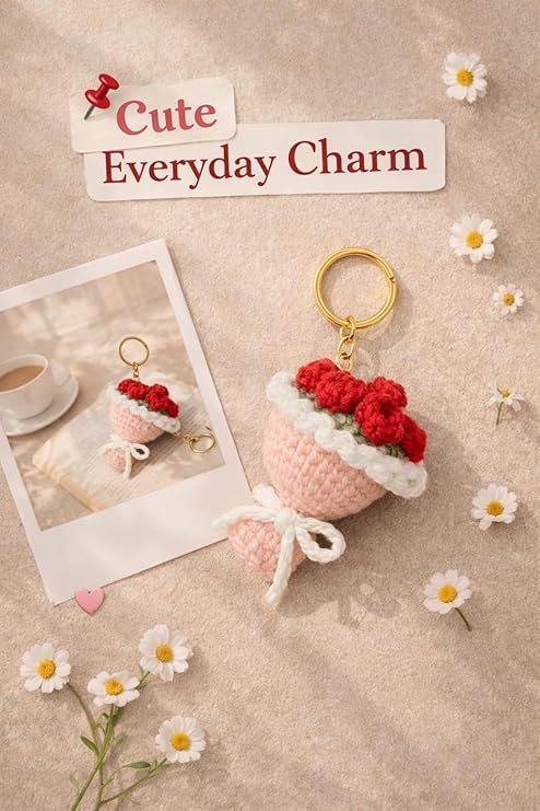 Image of Handmade Crochet Keychain Combo for Girls Women Cute Aesthetic Sunflower Strawberry Watermelon Daisy Knitted Keychain Bag Charm Purse Charm Car Key Ring Backpack Accessories Gift
