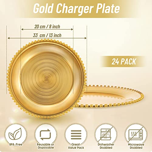 24 Pcs Gold Charger Plates Bulk 13 Inch Round Plastic Chargers Dinner Plates For Table Setting Metallic Luster Beaded Rim Plate Chargers For Dinner Wedding Party Baby Shower Event Table Decoration #TOP1