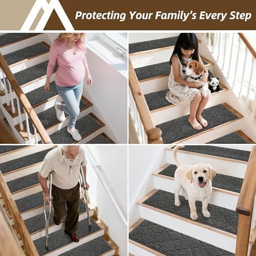 COSY HOMEER 15 Pack Full Edge Wrapping Stair Carpet Treads,70x22 CM Non-Slip Stair Tread Runners for Indoor Wooden Steps Stairs Soft Polyester, Easy Care & Peel Noice Reduction, Black - Image 8