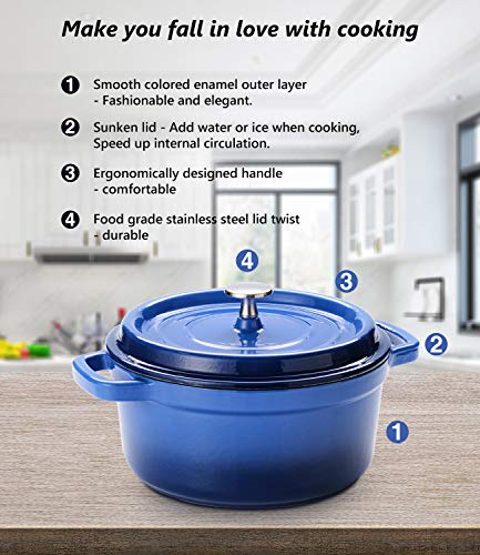 SULIVES 5 Quart White Enameled Cast Iron Dutch Oven with Lid bread baking Pot use on gas electric oven for 4-6 people(Dark Blue)