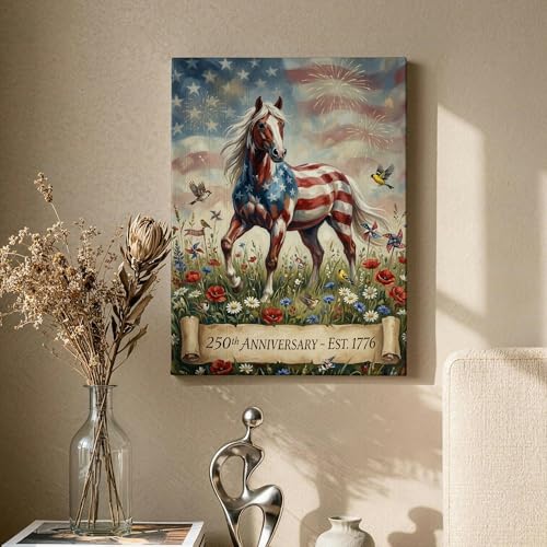 Decoración de caballo patriótico en lienzo abstracto de 12x16 con flores rojas y azules 5