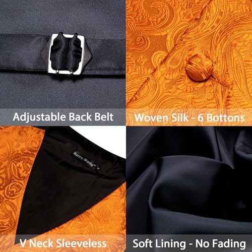 Image of Barry.Wang Mens Orange Suit Vest Jacquard Silk Flower Ties Handkerchief Cufflinks Waistcoat Set Formal Wedding Tuxedo 5PCS