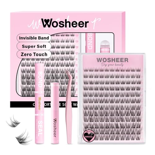 Wosheer Lash Clusters Kit Wispy Eyelash Clusters Lashes Natural DIY Lash Extension Kit Cluster Eyelash Extensions Kit Individual Lashes Cluster D Curvature (8-16mm Babydoll Kit)