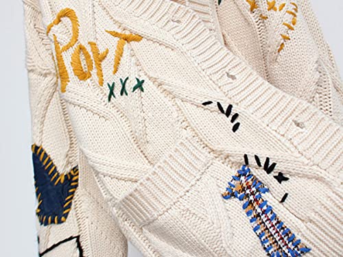 Chouyatou Women's Cable Knit Embroidery Patchwork Cardigan V Neck Long Sleeve Open Front Button Down Sweater (Large, Beige) #TOP3