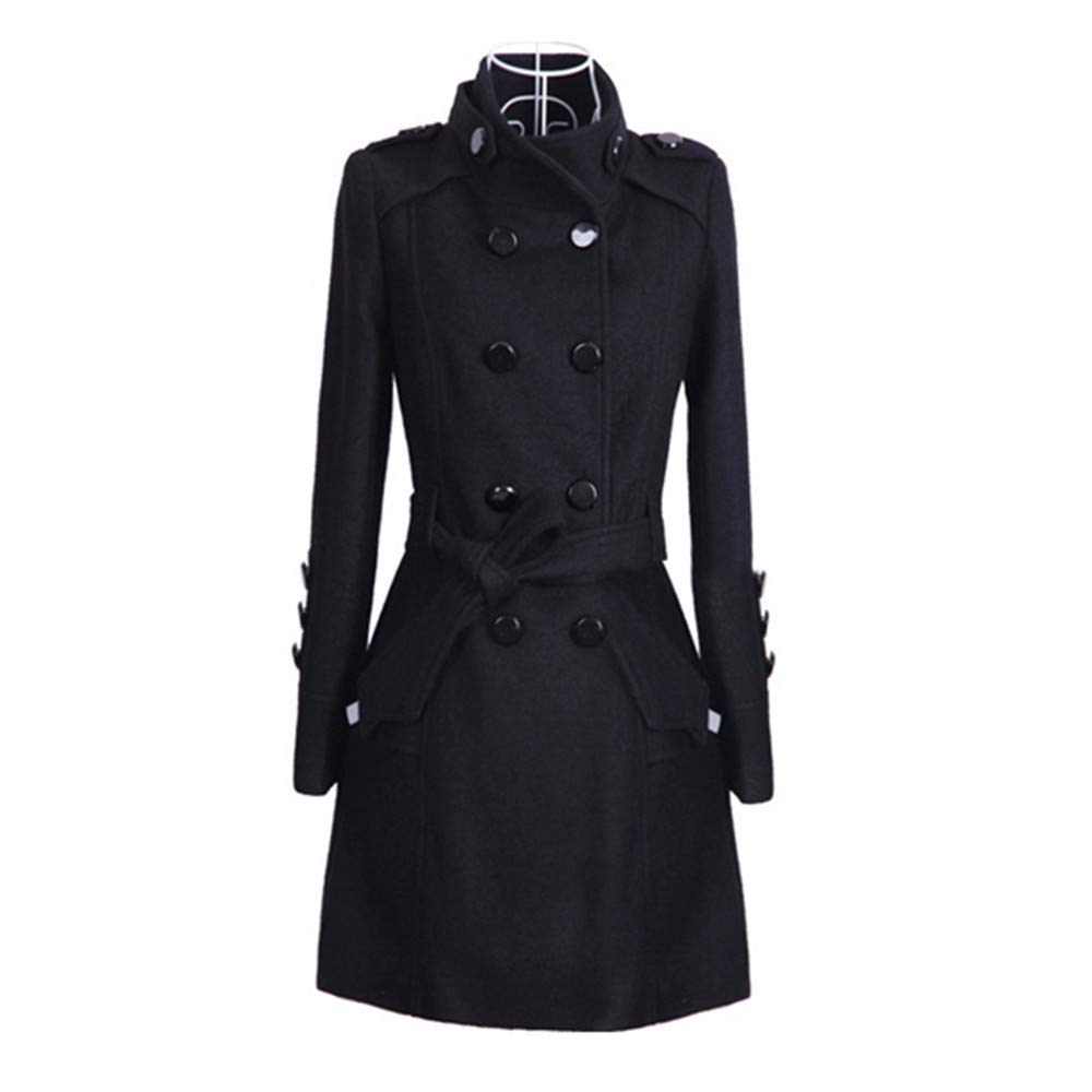 Generisch Damen Mantel Trenchcoat Elegant Schwarz Umlegekragen Wollmantel Zweireihiger Longsleeve Große Größen Winddichter Lang Winter Einfarbige Wintermantel Verstellbare Damenmantel