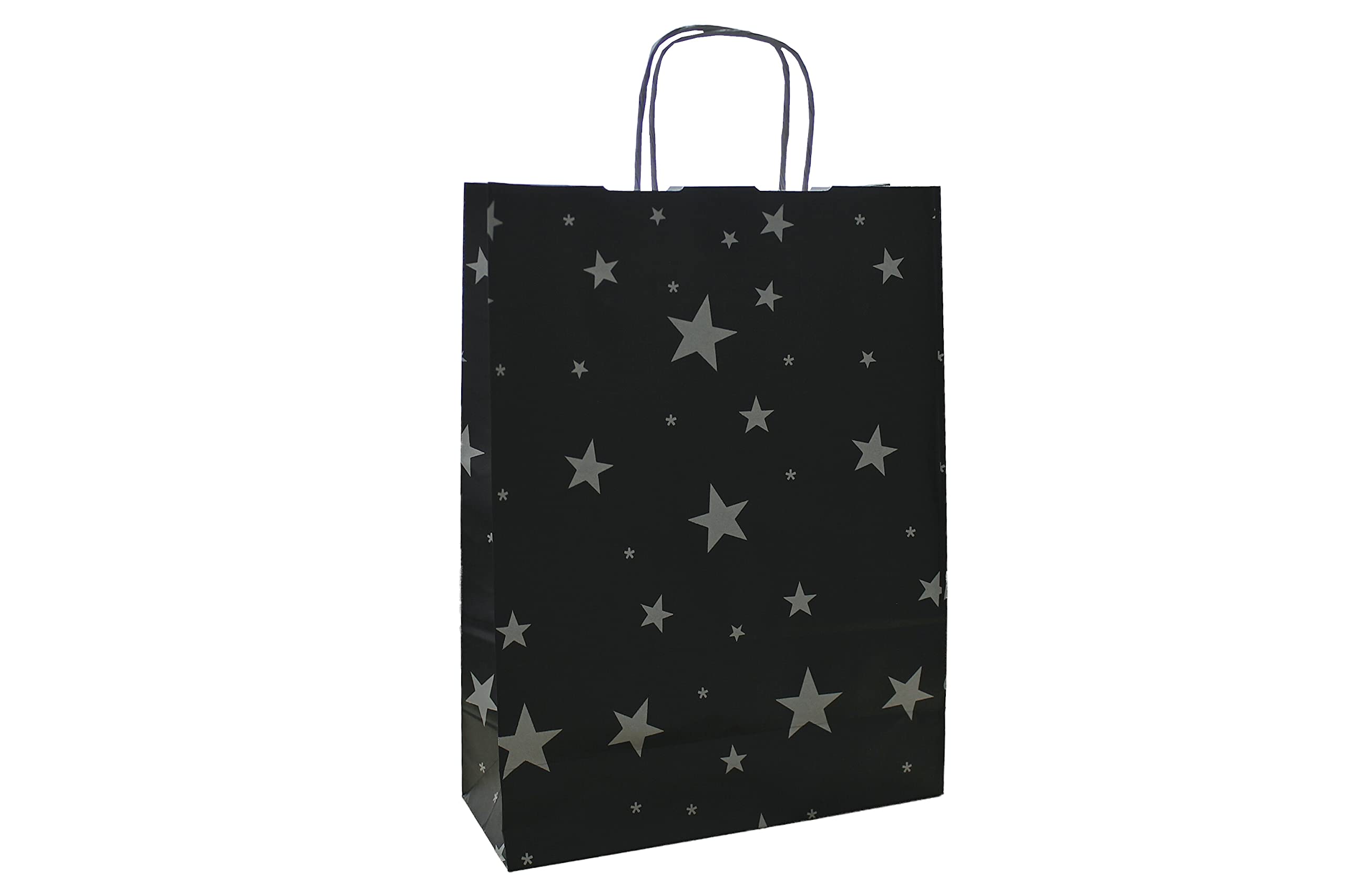 Papierowe torebki na Boże Narodzenie ze sznurkiem czarne gwiazdy srebrne (24 + 10 x 31 cm, 50 sztuk)