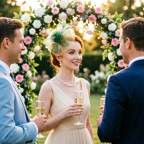 Image of DRESHOW Fascinators Hat Flower Mesh Ribbons Feathers on a Headband and a Clip Tea Party Headwear for Girls and Women