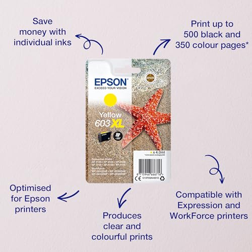 Epson 603XL Etoile de Mer Jaune, Cartouche d'encre d'origine XL Haute capacité, XP-2100 XP-2105 XP-2150 XP-2155 XP-3100 XP-3150 XP-4100 XP-4150 WF-2810DWF WF-2820 WF-2830DWF WF-2840 WF-2850DWF WF-2870