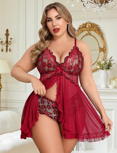 Image of Avidlove Plus Size Lingerie for Women Sexy Lingerie Dress Lace Babydoll Lingerie V-Neck Open Front Strap Nightdress