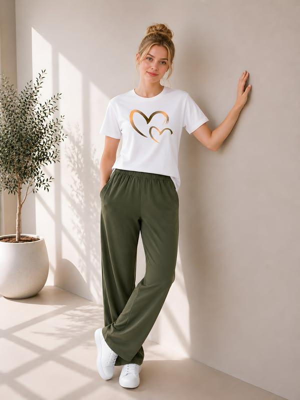 Image of ELVIA Women's Pure Cotton Top and Pyjama Co-Ord Set | Double Heart Graphic Printed Night Suit | Regular Fit Half Sleeve Round Neck T-Shirt with Pajama Sleepwear Loungewear Set